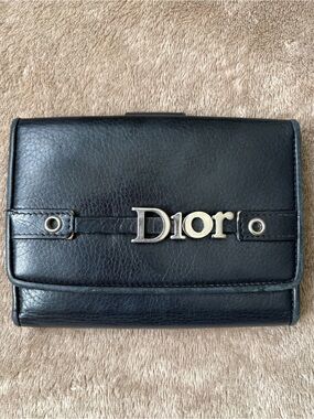 Dior Black Leather Compact bi-fold Wallet with Silver Logo